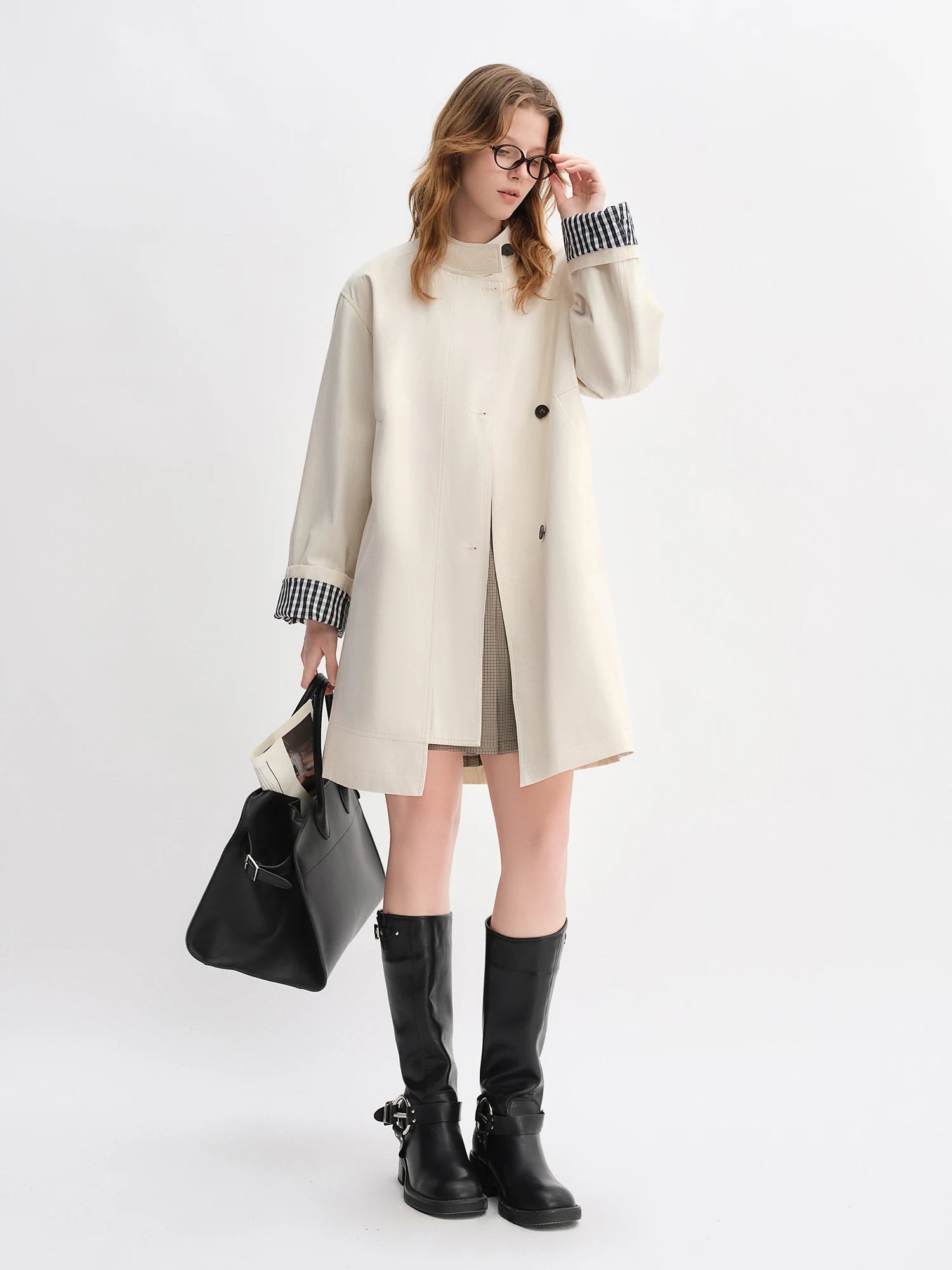 Dushu outono 2025 feminino gola trench coat-ajuste relaxado xadrez retalhos solto outerwear casual blusão topo