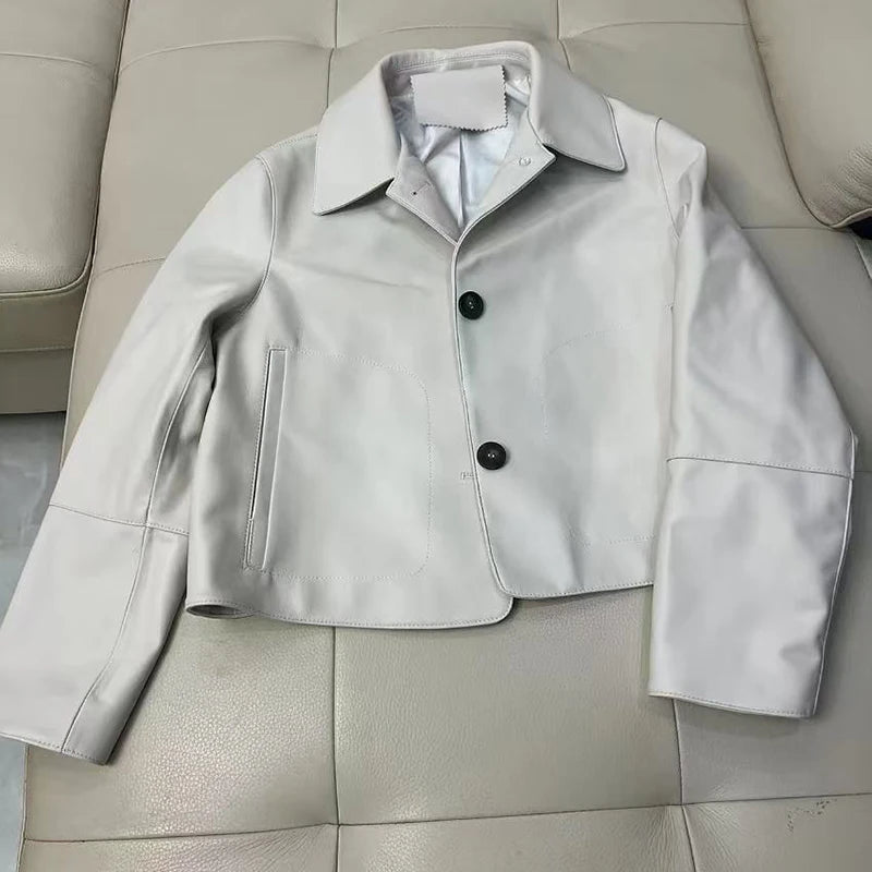 Casacos curtos de pele de carneiro feminino harajuku moda jassen dames fino jaqueta de couro legítimo gola quadrada na moda streetwear casaco