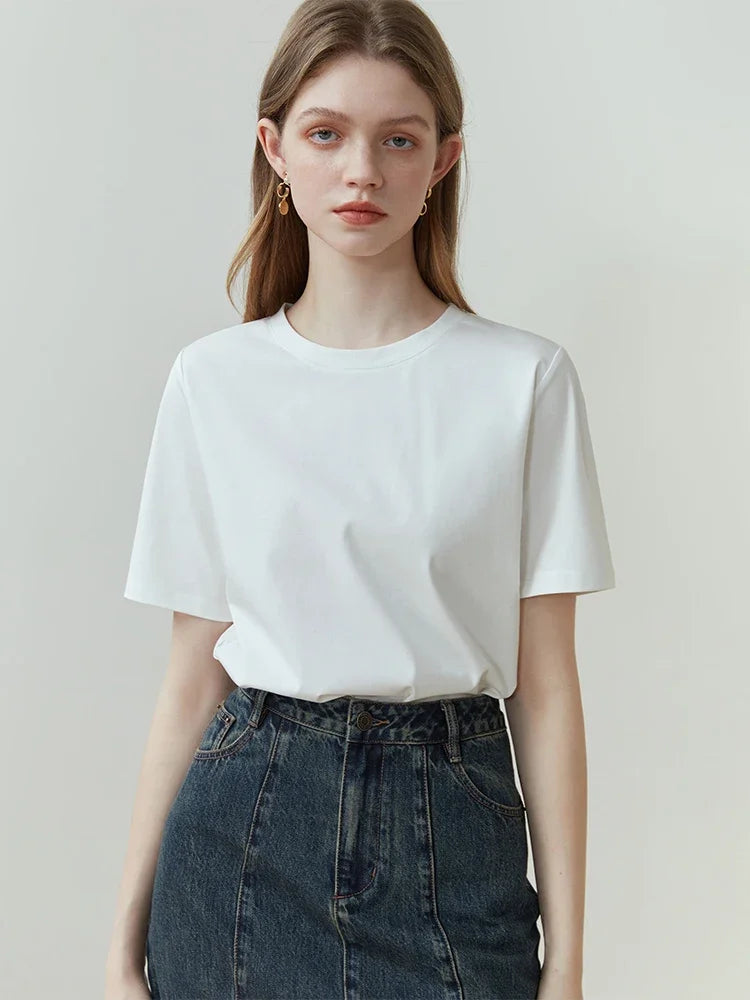 FSLE-camiseta feminina de manga curta, 100% algodão, gola redonda, blusa reta, branca e preta, nova para primavera e verão, 2023