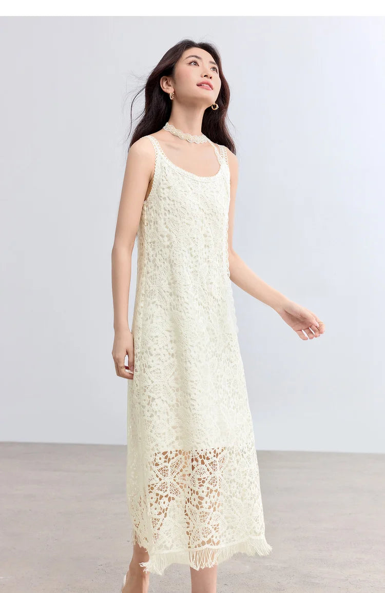 Sentubila boho deslizamento vestido feminino verão borla sem mangas vestido de verão 2025 nova coleção branco elegante rendas vestidos longos q52ld0165