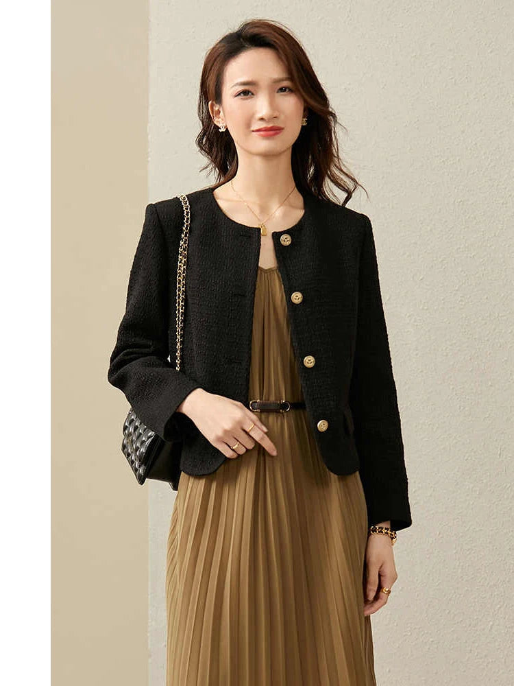 Sentubila preto recortado tweed jaqueta para mulher 2025 primavera único breasted moda estilo coreano casacos curtos outerwears 123w42756