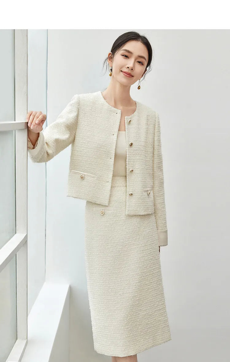 Sentubila conjunto de saia de tweed com textura feminina 2025 outono reto o pescoço jaquetas curtas fenda-hem saia longa conjuntos de 2 peças 143z56291