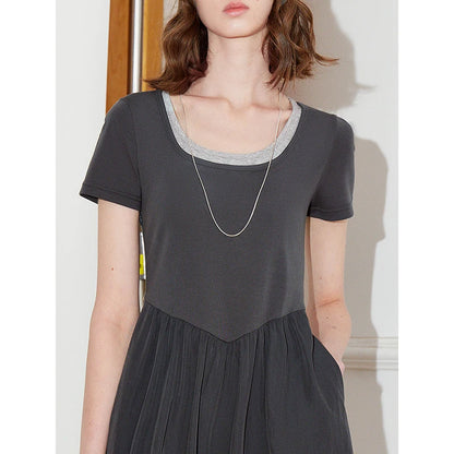 Toyoutth vestido feminino 2025 primavera novo falso duas peças cintura fina cor contrastante emenda u pescoço manga curta saia de comprimento médio