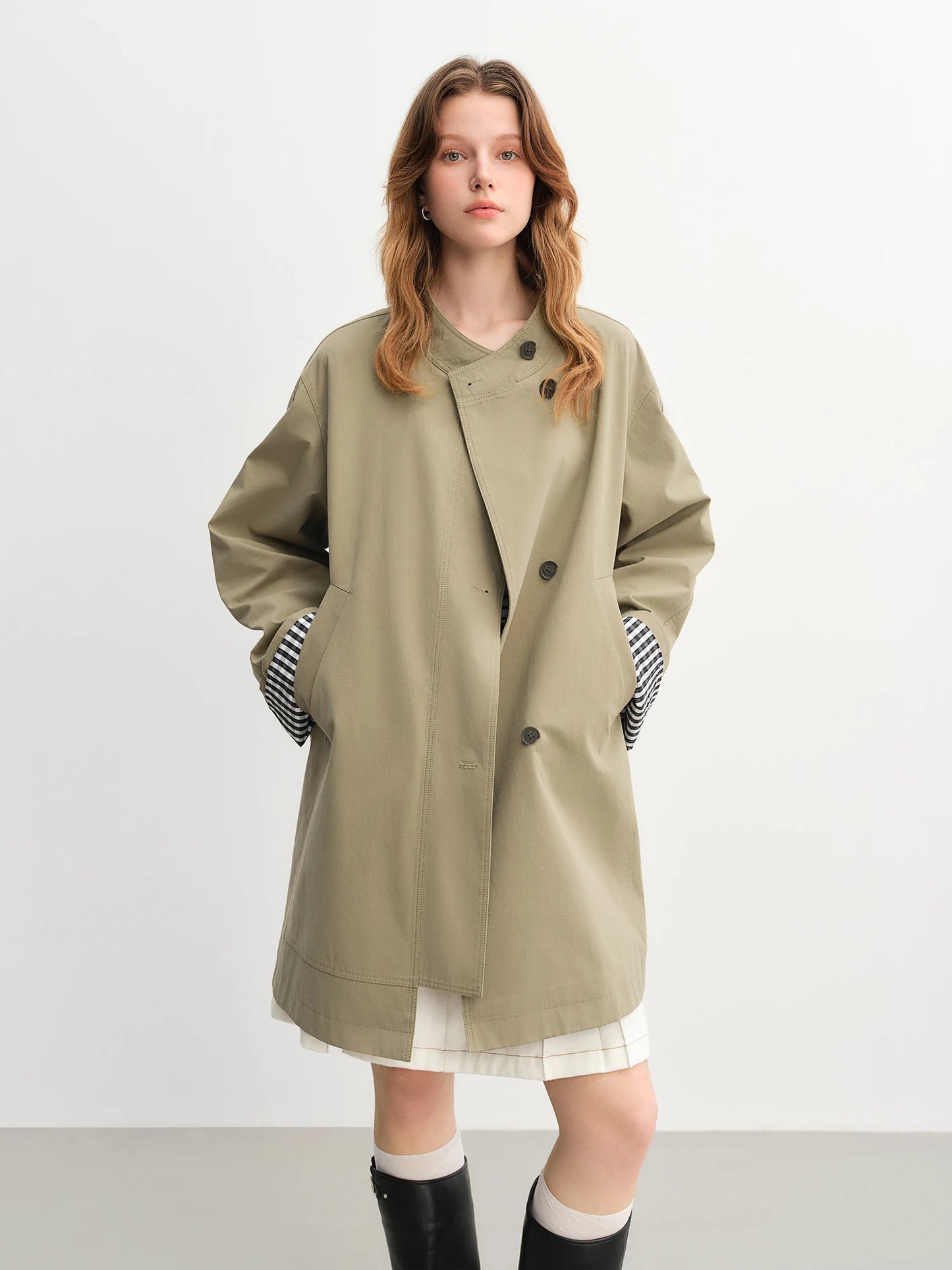 Dushu outono 2025 feminino gola trench coat-ajuste relaxado xadrez retalhos solto outerwear casual blusão topo