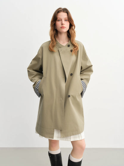 Dushu outono 2025 feminino gola trench coat-ajuste relaxado xadrez retalhos solto outerwear casual blusão topo