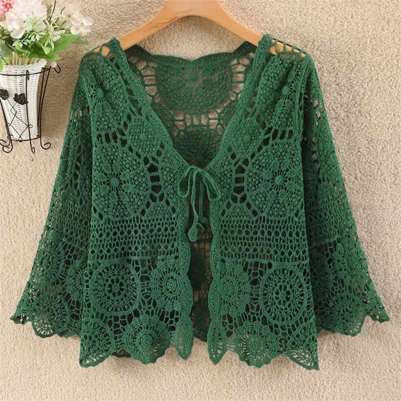Knitted Cardigan Women Jacket Spring Summer New 2025 Hollow Shawl Short Sun-proof Tops Female Casual All-match Ladies Coat