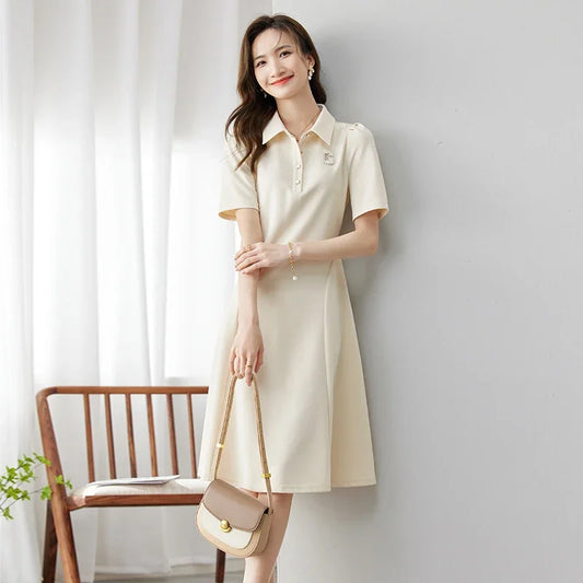 Sentubila t camisa vestido para mulher gola polo carta casual 2025 verão conforto vestidos de manga curta roupas femininas 132l48082