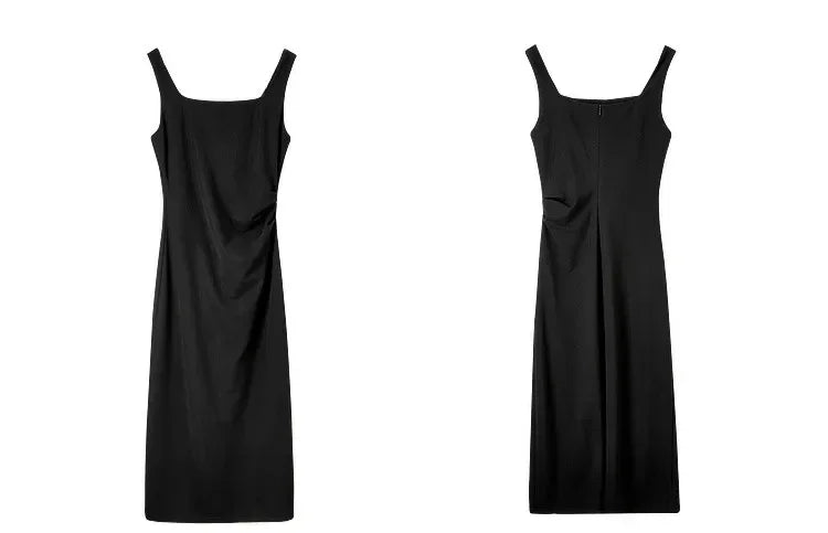 SENTUBILA vestido largo ajustado negro para mujer 2025 Primavera Verano elegante moda estilo Hepburn cuello cuadrado vestidos divididos 133L50329