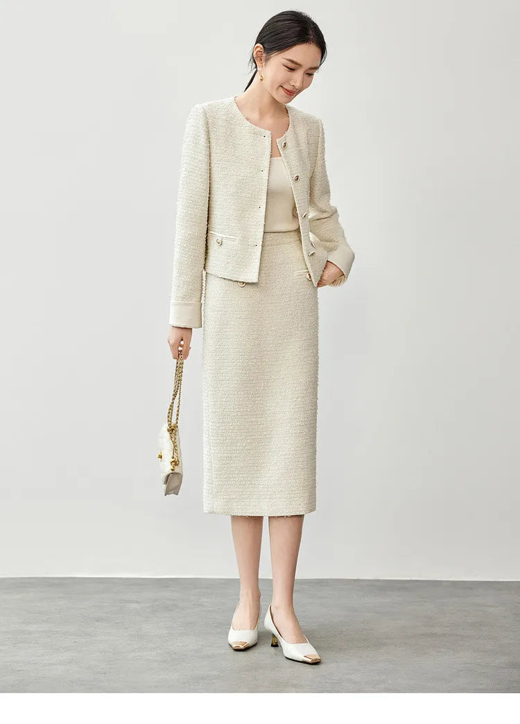 Sentubila conjunto de saia de tweed com textura feminina 2025 outono reto o pescoço jaquetas curtas fenda-hem saia longa conjuntos de 2 peças 143z56291