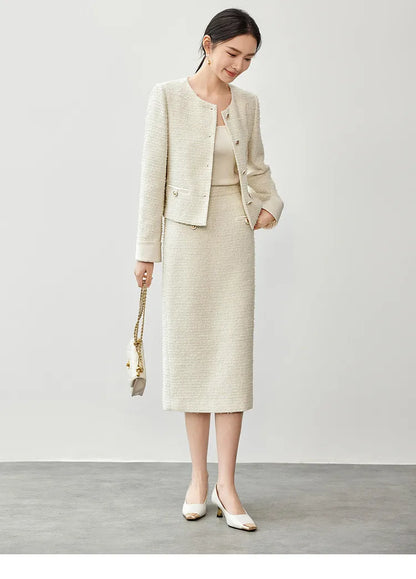 Sentubila conjunto de saia de tweed com textura feminina 2025 outono reto o pescoço jaquetas curtas fenda-hem saia longa conjuntos de 2 peças 143z56291