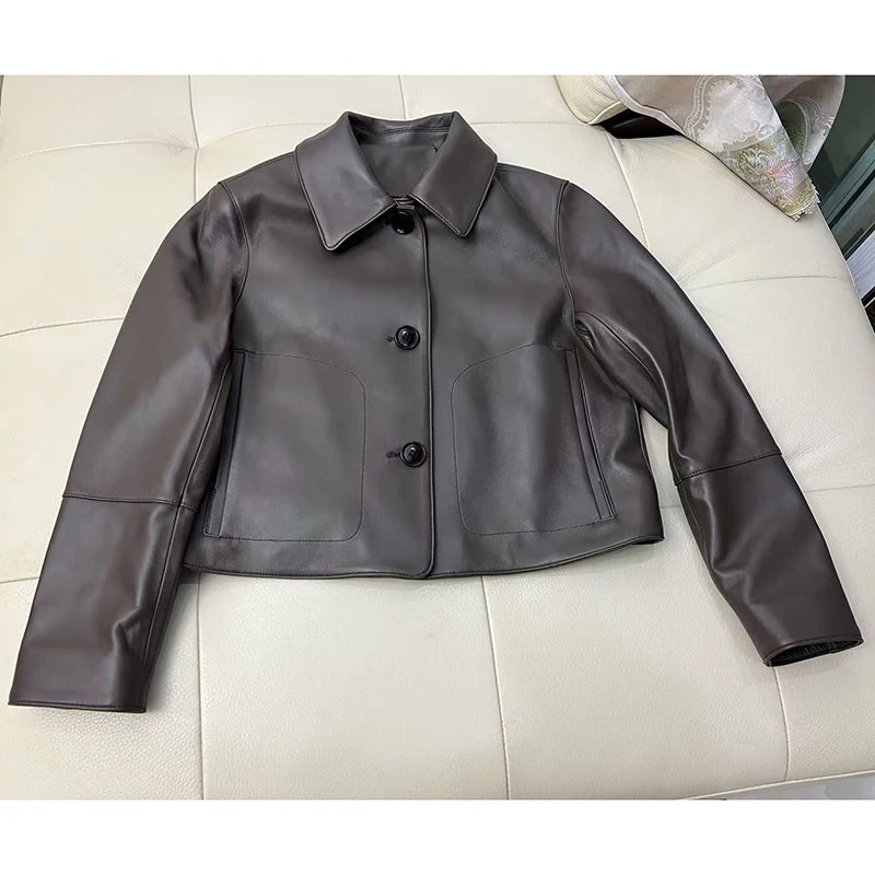 Casacos curtos de pele de carneiro feminino harajuku moda jassen dames fino jaqueta de couro legítimo gola quadrada na moda streetwear casaco