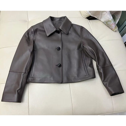 Casacos curtos de pele de carneiro feminino harajuku moda jassen dames fino jaqueta de couro legítimo gola quadrada na moda streetwear casaco