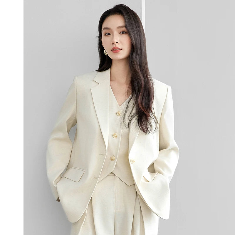 Sentubila blazers de linho reto para mulher 2025 primavera sólida senhora do escritório workwear entalhado único breasted outerwear 151x58179