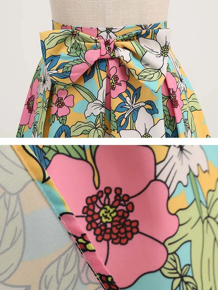 Saia de verão com estampa floral feminina cintura alta balanço 50s vintage retro rockabilly midi saias plissadas faldas