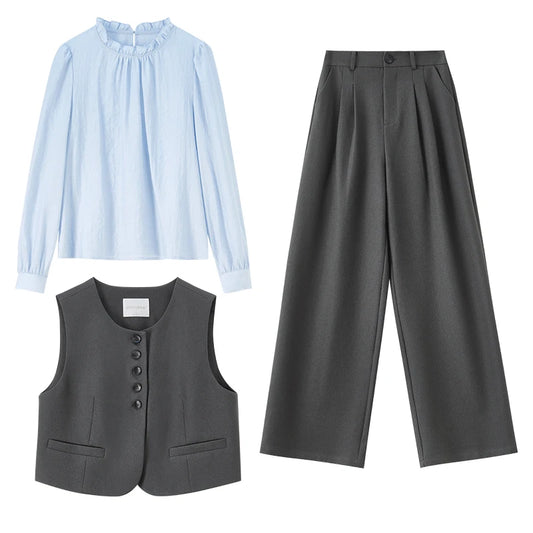 Sentubila terno feminino 3 peças jaqueta formal colete calças feminino conjunto de trabalho de negócios plissado pulôver blazer conjunto 153za1930