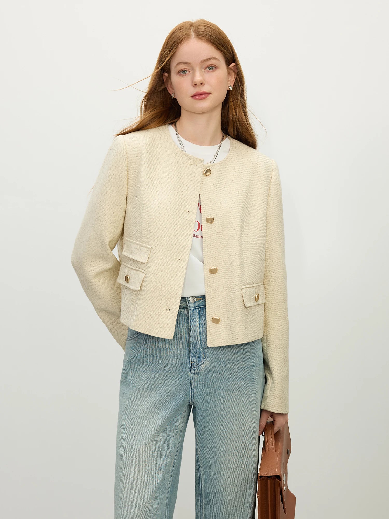 Fsle feminino 2025 primavera tweed jaquetas tempermanet feminino curto frente ombro casacos senhora do escritório casacos bege 25fs11348
