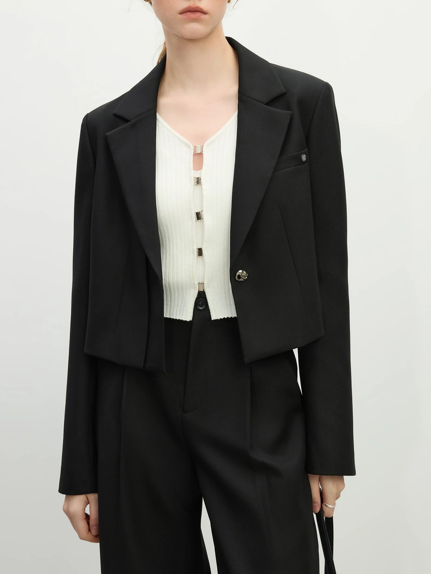 FSLE Women Spring Black Suit Sets Office Lady Temperament Short Single Button Blazers Full Length Trousers 25FS11065+25FS11066