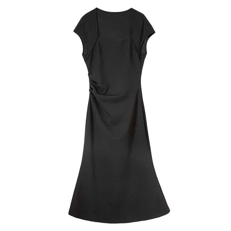 SENTUBILA, vestidos negros de verano 2025, vestido largo ajustado fruncido de manga corta de punto de algodón elegante para fiesta para mujer, ropa 142L54013