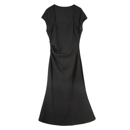 SENTUBILA, vestidos negros de verano 2025, vestido largo ajustado fruncido de manga corta de punto de algodón elegante para fiesta para mujer, ropa 142L54013