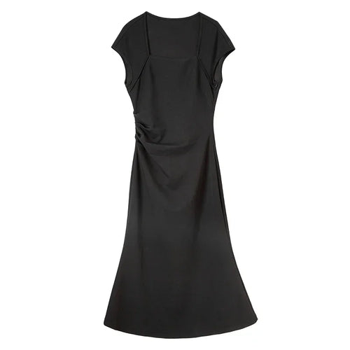 SENTUBILA, vestidos negros de verano 2025, vestido largo ajustado fruncido de manga corta de punto de algodón elegante para fiesta para mujer, ropa 142L54013
