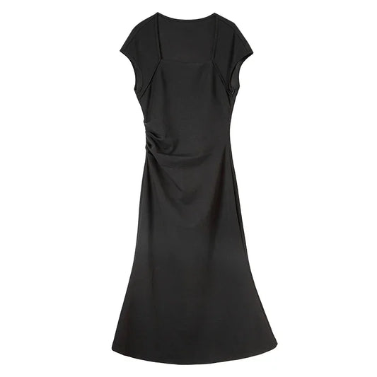 SENTUBILA, vestidos negros de verano 2025, vestido largo ajustado fruncido de manga corta de punto de algodón elegante para fiesta para mujer, ropa 142L54013
