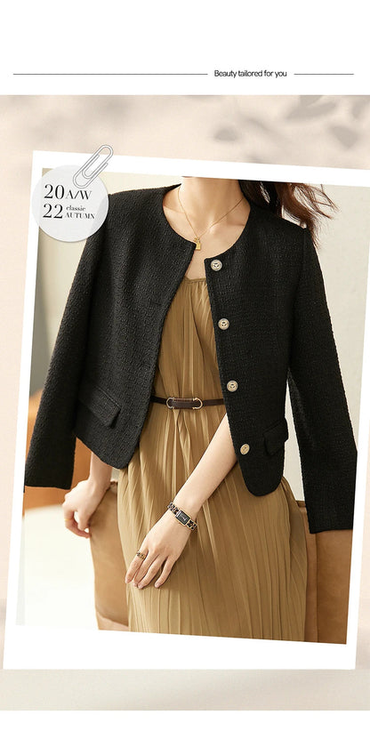 Sentubila preto recortado tweed jaqueta para mulher 2025 primavera único breasted moda estilo coreano casacos curtos outerwears 123w42756