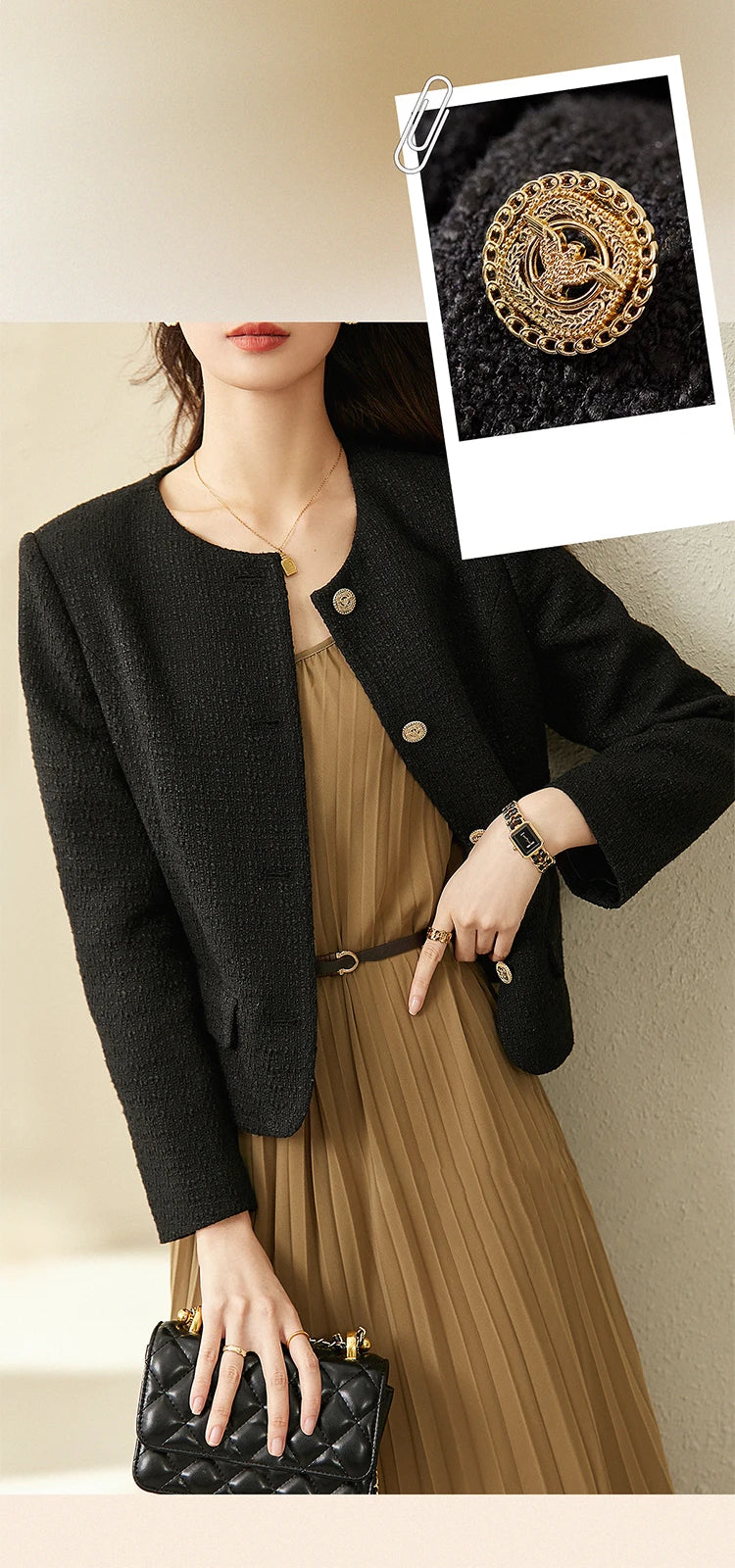 Sentubila preto recortado tweed jaqueta para mulher 2025 primavera único breasted moda estilo coreano casacos curtos outerwears 123w42756