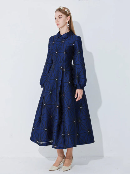 Outono/inverno gola virada manga forrada linha A silhueta geométrica jacquard pesado elegante e gracioso vestido longo