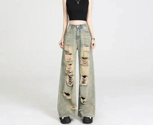 Calça Jeans Feminina Wide Leg Ripped Dirty – Cintura Alta - AlmaChic