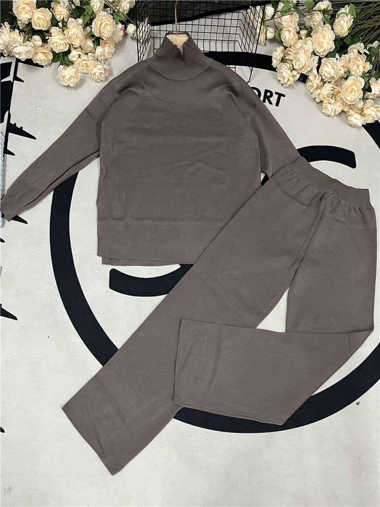 Outono inverno 2 peças conjuntos femininos de malha agasalho gola alta camisola e calças de jogging retas ternos