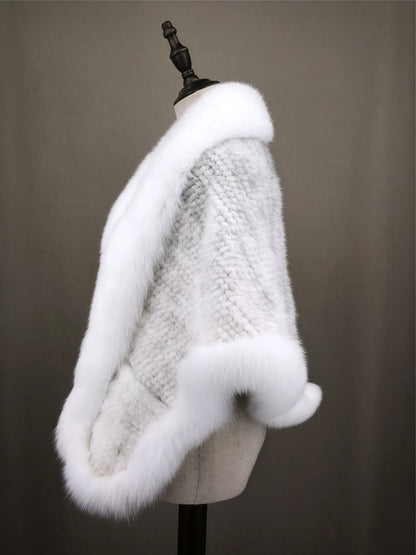Xale de tricô de pele de vison real com gola de corte de pele de raposa, estola de capa frontal, xale branco coreano peludo luxuoso, inverno