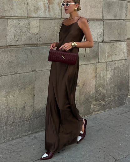 Clacive moda solta marrom cetim vestidos femininos 2025 verão cinta sem mangas até o chão vestido sexy sem costas vestido feminino