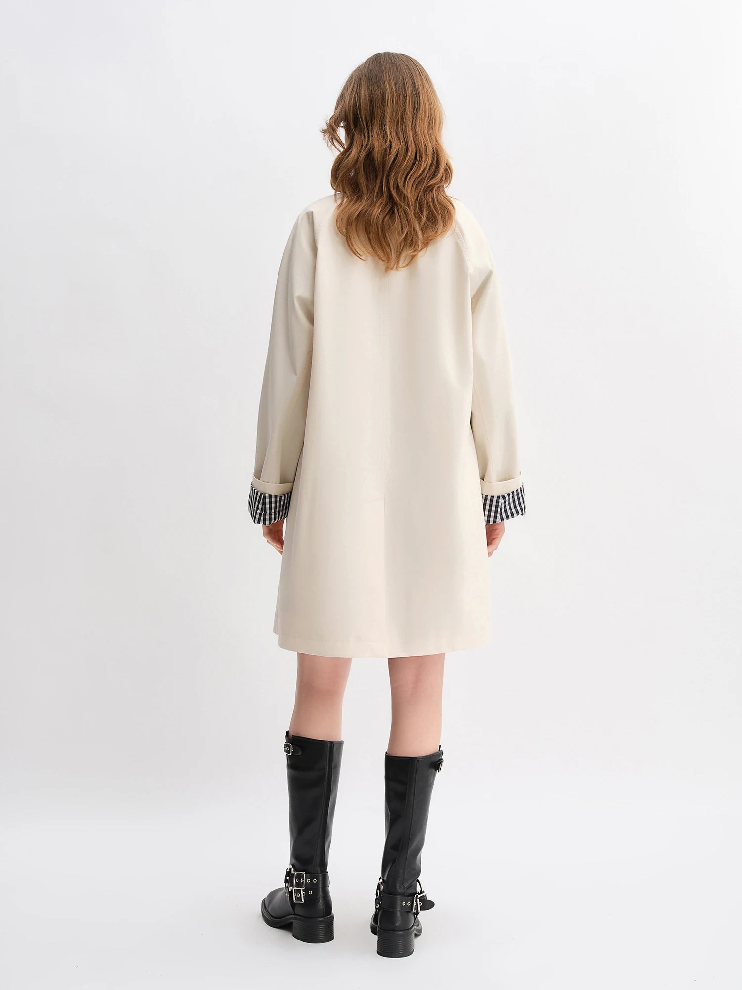 Dushu outono 2025 feminino gola trench coat-ajuste relaxado xadrez retalhos solto outerwear casual blusão topo