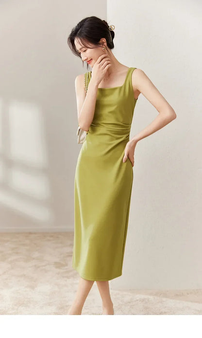 SENTUBILA vestido largo ajustado negro para mujer 2025 Primavera Verano elegante moda estilo Hepburn cuello cuadrado vestidos divididos 133L50329
