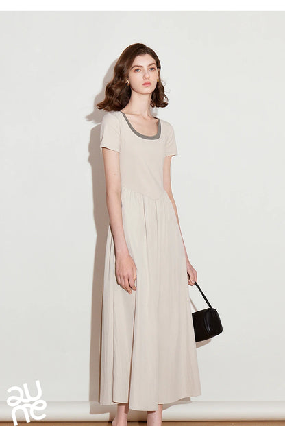 Toyoutth vestido feminino 2025 primavera novo falso duas peças cintura fina cor contrastante emenda u pescoço manga curta saia de comprimento médio