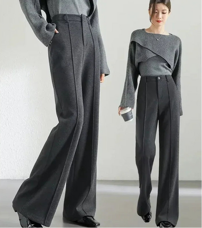 Sentubila lã mistura flare calças femininas inverno grosso quente 2024 cintura alta senhora do escritório moda calças casuais 144k57322