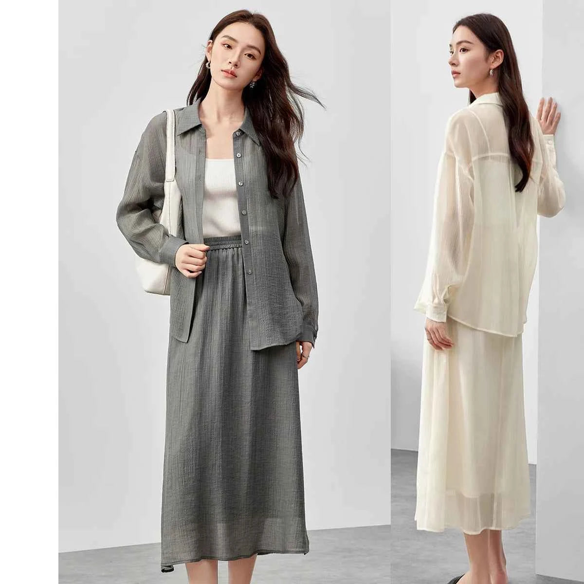 Conjunto Feminino Elegante em Lyocell Camisa e Saia Élodie