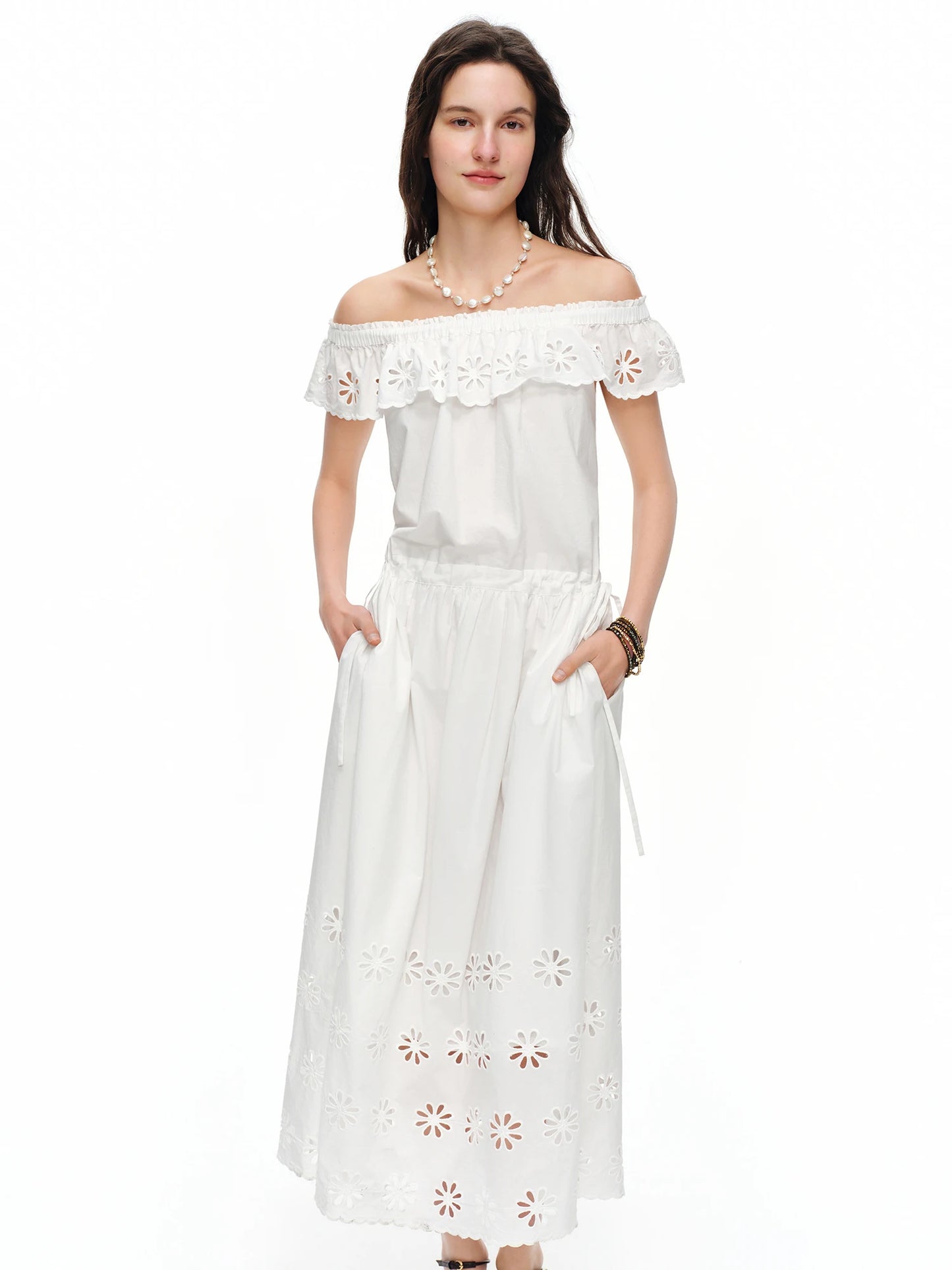 Vestido Floral DUSHU Off-Shoulder com Bordado e Amarração Branco, A-Line, Perfeito para Looks Casuais e Elegantes de Verão