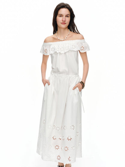 Vestido Floral DUSHU Off-Shoulder com Bordado e Amarração Branco, A-Line, Perfeito para Looks Casuais e Elegantes de Verão