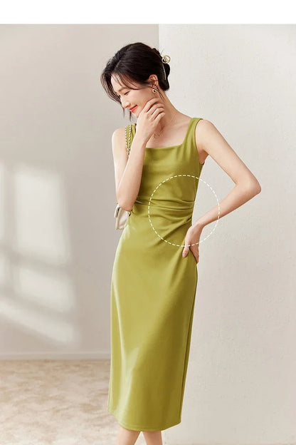 SENTUBILA vestido largo ajustado negro para mujer 2025 Primavera Verano elegante moda estilo Hepburn cuello cuadrado vestidos divididos 133L50329