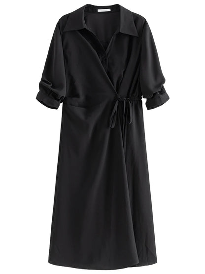 DUSHU-Vestido com design de envoltório feminino, gola virada para baixo, cortina temperamental, meia manga, preto, longa A-line, verão, 2 cores, 24DS82102