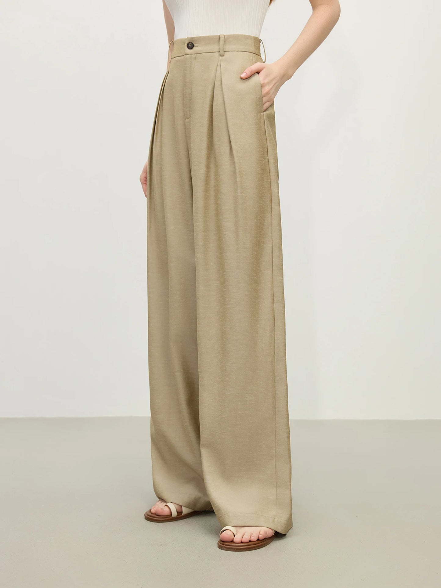 Calça Wide Leg Feminina Eco Linho Caqui - AlmaChic
