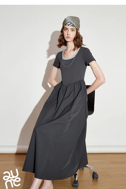 Toyoutth vestido feminino 2025 primavera novo falso duas peças cintura fina cor contrastante emenda u pescoço manga curta saia de comprimento médio