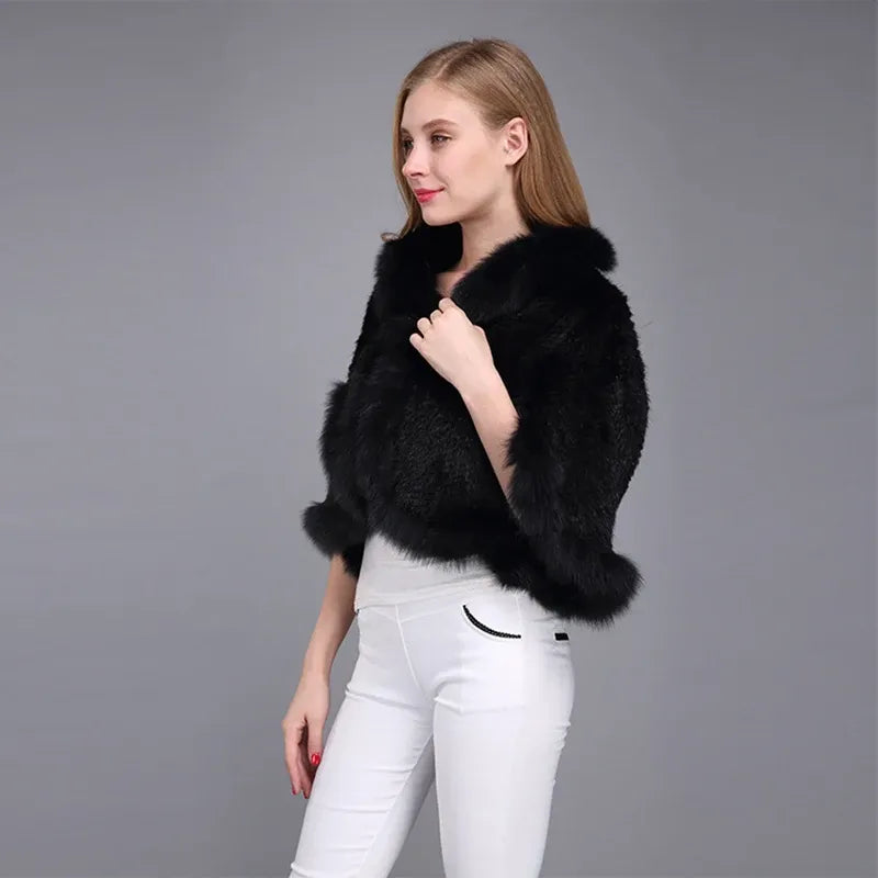 Poncho Casaco de Pele de Coelho e Raposa para Mulheres