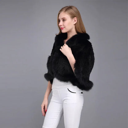 Poncho Casaco de Pele de Coelho e Raposa para Mulheres