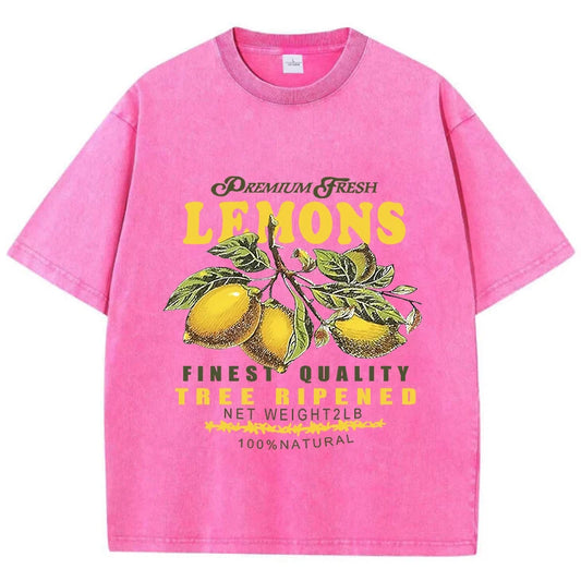 Mulheres de algodão lavagem ácida camisetas premium limões frescos impressão t angustiado oversize o-pescoço manga curta roupas femininas casuais