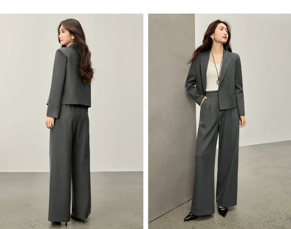 Sentubila blazer e calças terno 2025 acolchoado ombro superior calças de perna larga senhora define feminino trabalho wear 2 peça set153ze1874