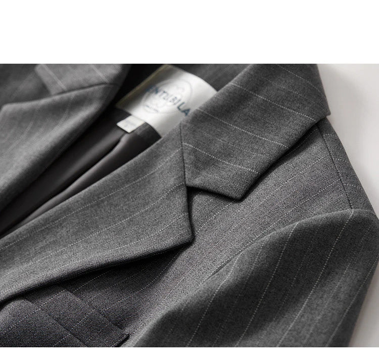 Sentubila feminino textura listrado calça ternos 2024 inverno entalhado pescoço único botão calças de perna reta 2 peça conjunto 143z56524