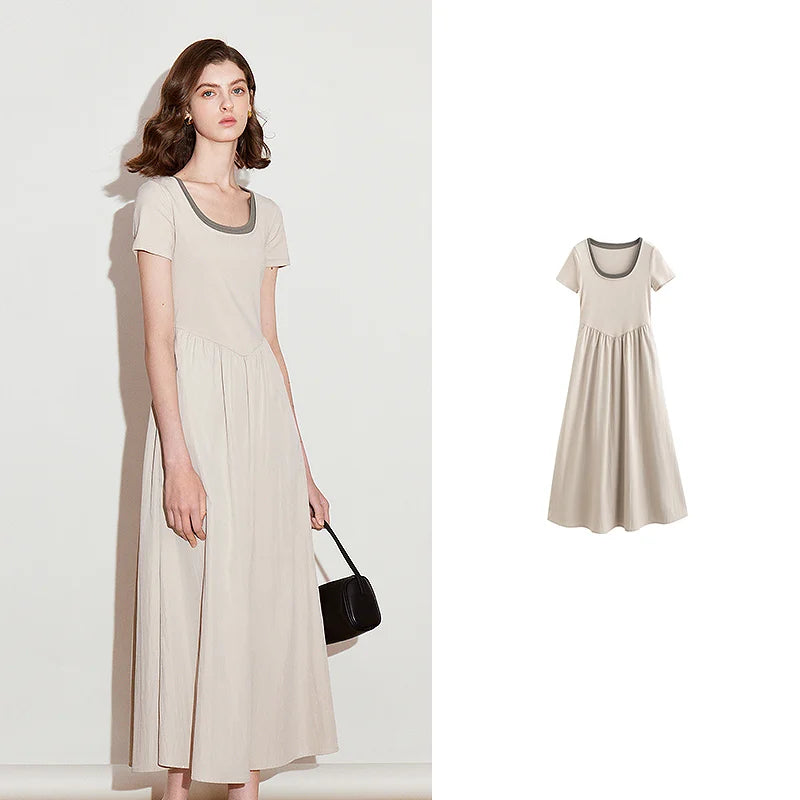 Toyoutth vestido feminino 2025 primavera novo falso duas peças cintura fina cor contrastante emenda u pescoço manga curta saia de comprimento médio