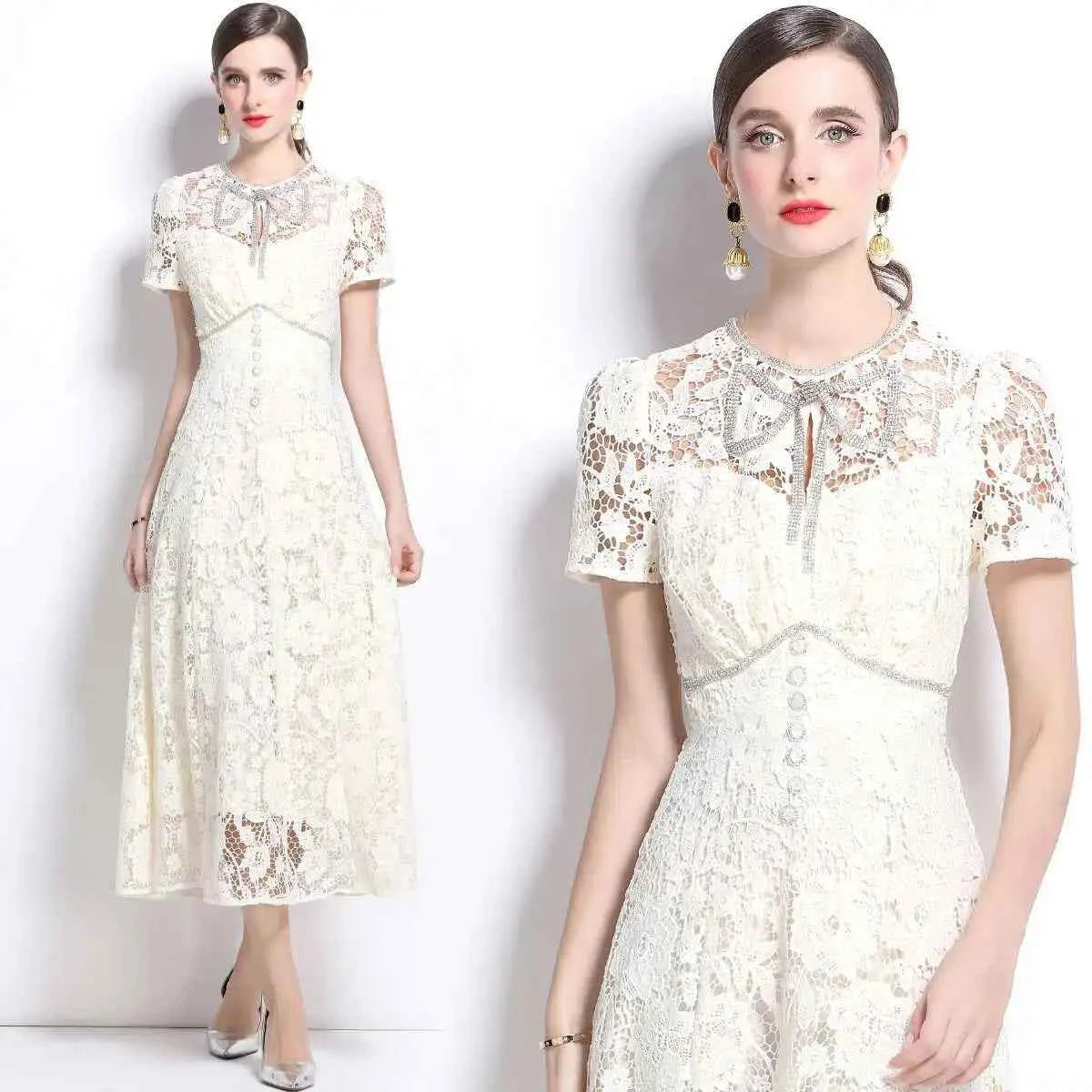 Vestido de Renda Bordada com Elegância Atemporal